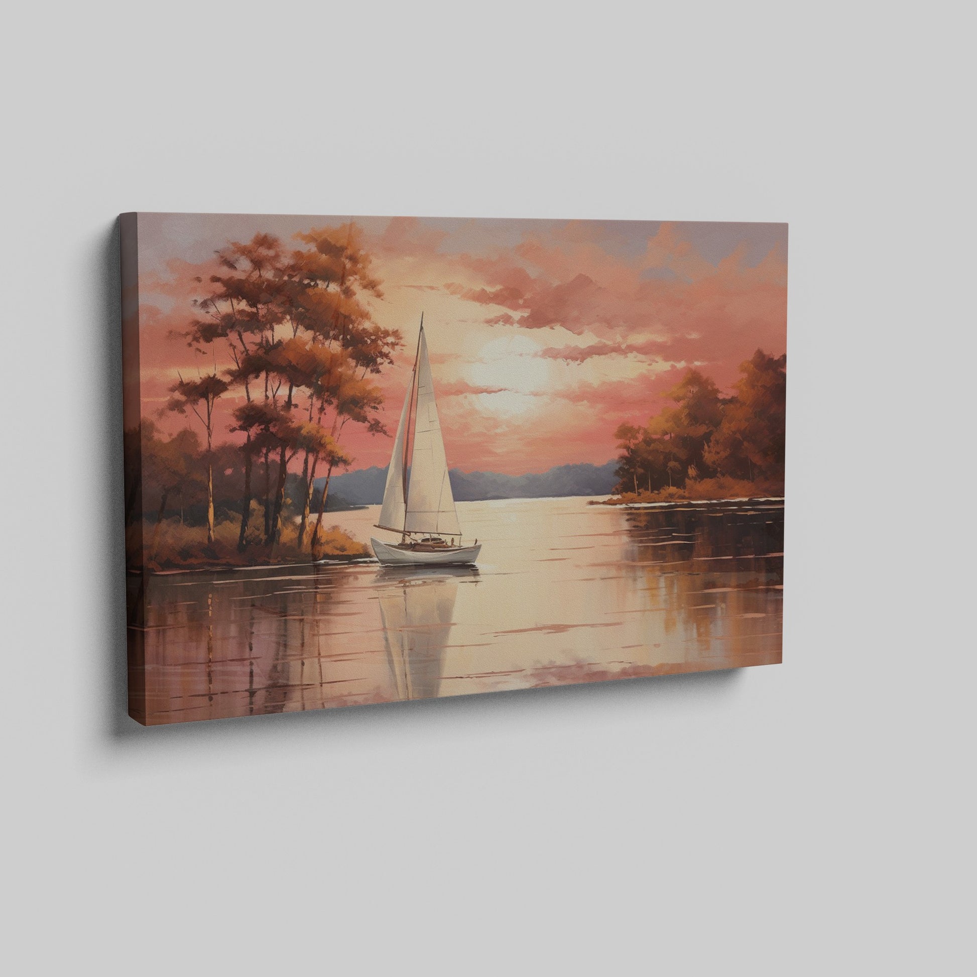 Impressionistic painting of a sailboat on a calm lake with orange and red sunset and tree silhouette reflections.