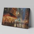 Framed canvas print of an impressionistic cityscape at twilight with a café terrace and bustling streets