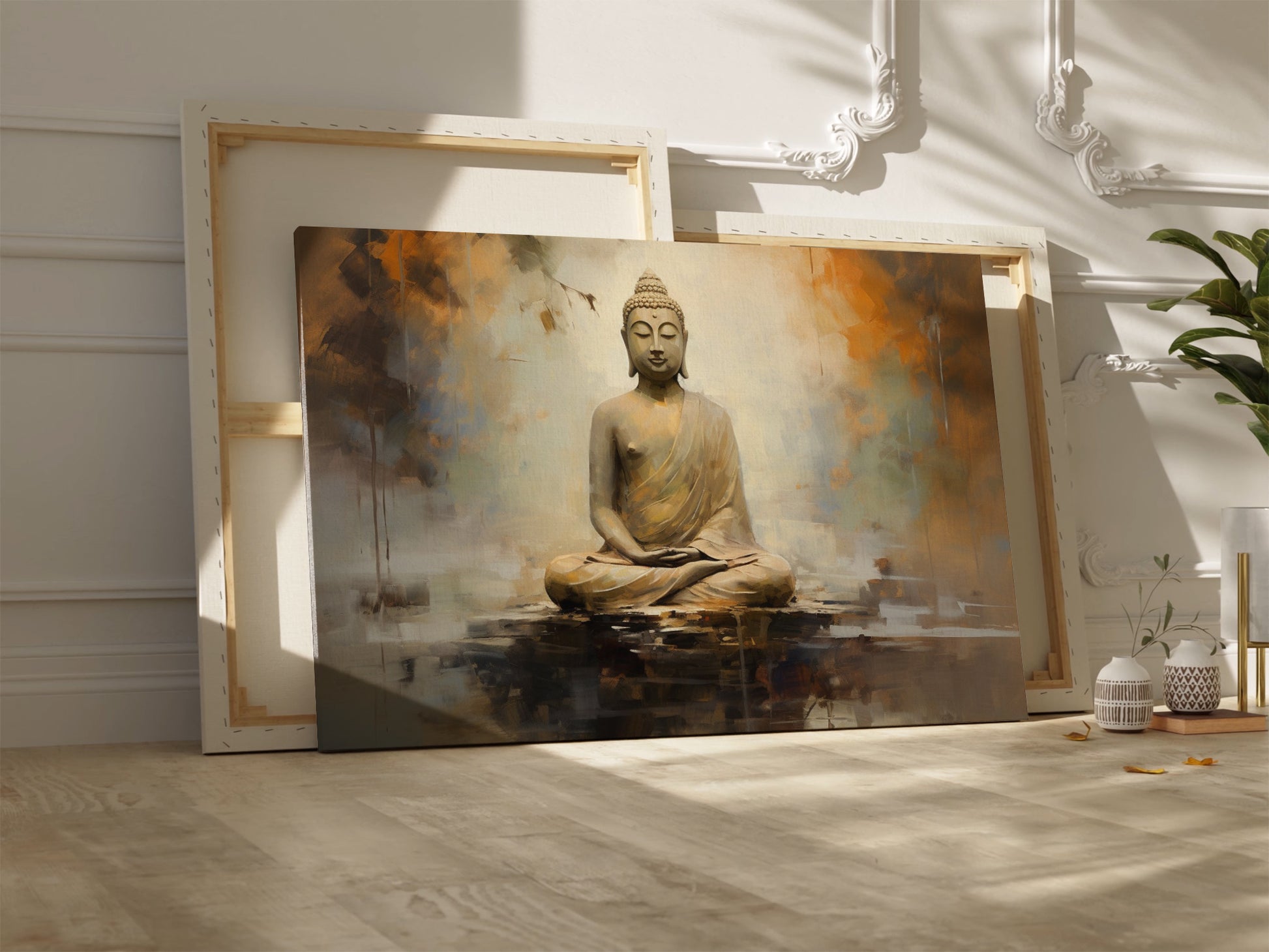 Framed canvas print of a meditative Buddha against an abstract, warm-toned background