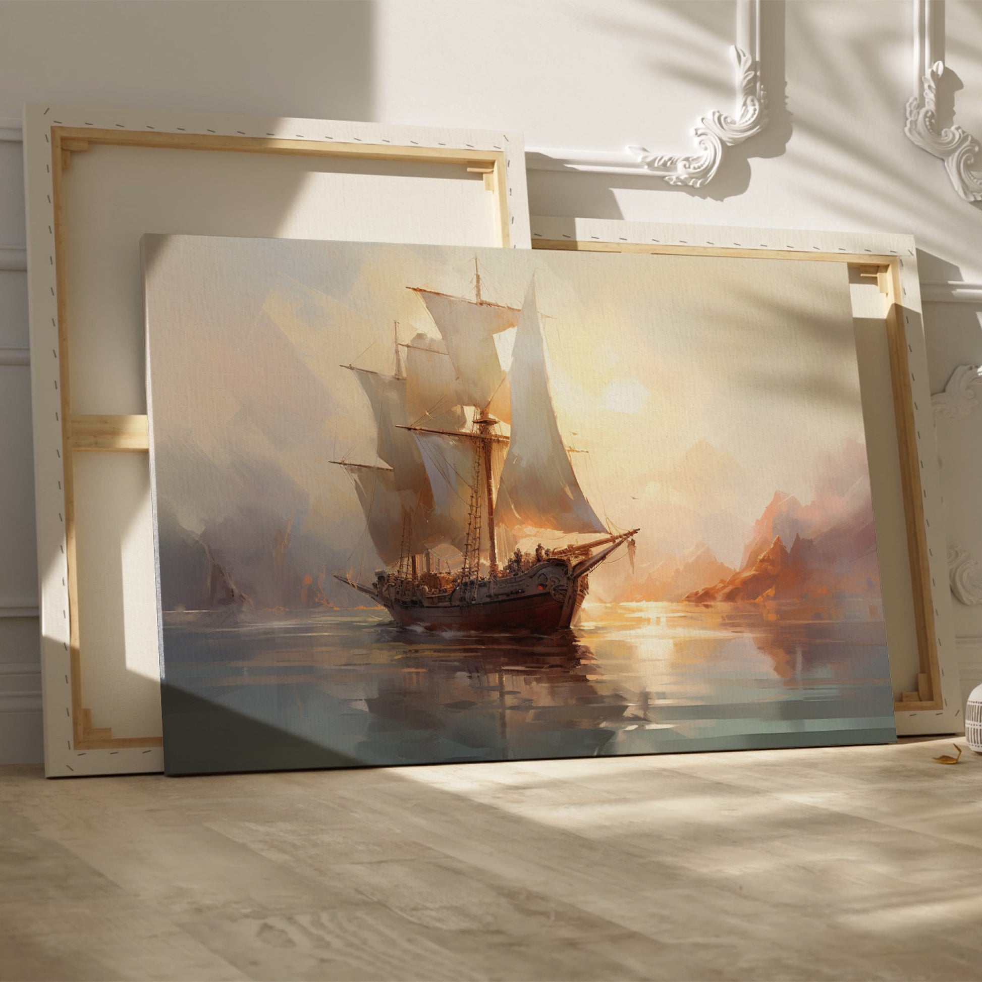 Framed canvas print of a historic sailboat sailing at sunset with golden light reflecting on the water