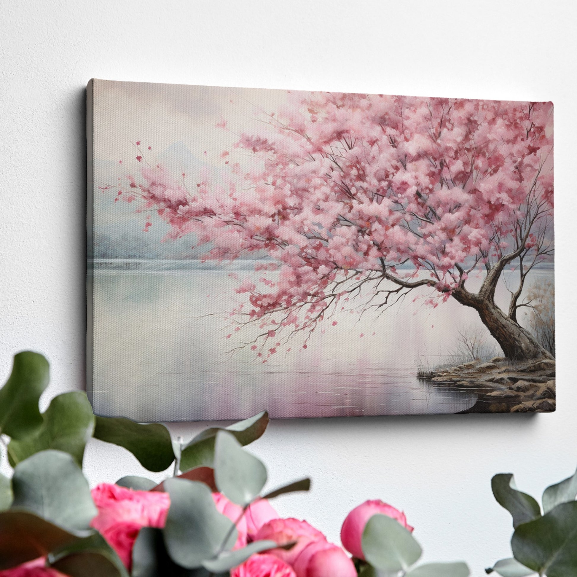 Framed canvas print of a serene cherry blossom tree by a tranquil lake with soft pastels and misty ambience