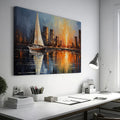 Impressionist painting of a sailboat on calm waters with a sunset reflecting off a city skyline