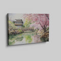 Watercolor painting of a Japanese garden with cherry blossoms, a pagoda, and a reflecting pond