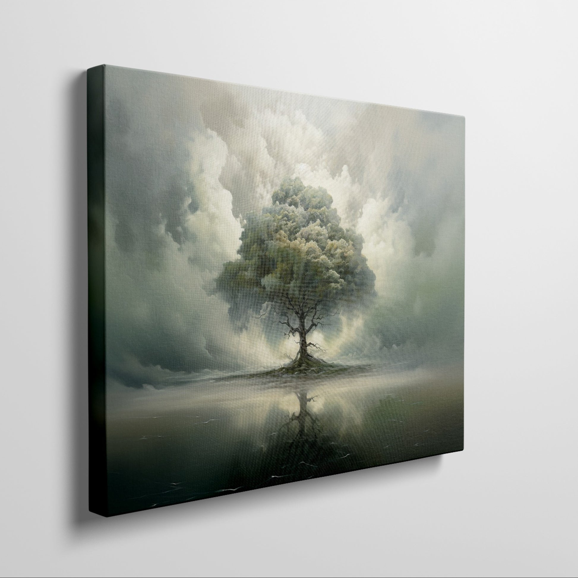 Framed canvas print of a serene landscape with a solitary tree and its reflection amidst ethereal clouds