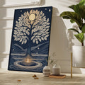 Framed canvas print of a mystical tree with a golden moon and navy background