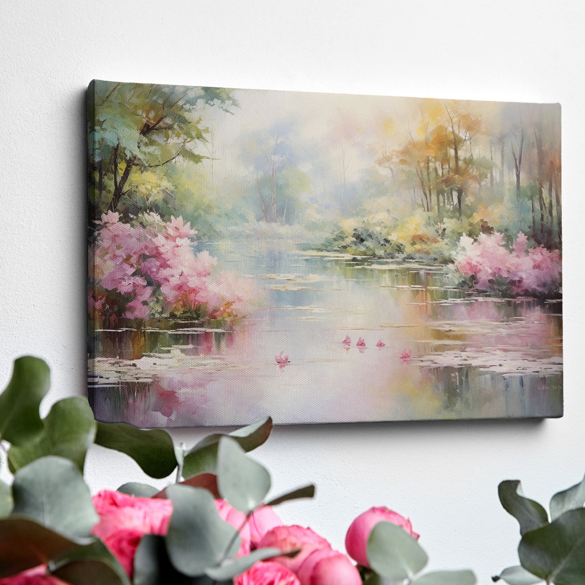 Framed canvas print of a serene impressionistic painting featuring a lake, azalea blooms, and a reflection of trees