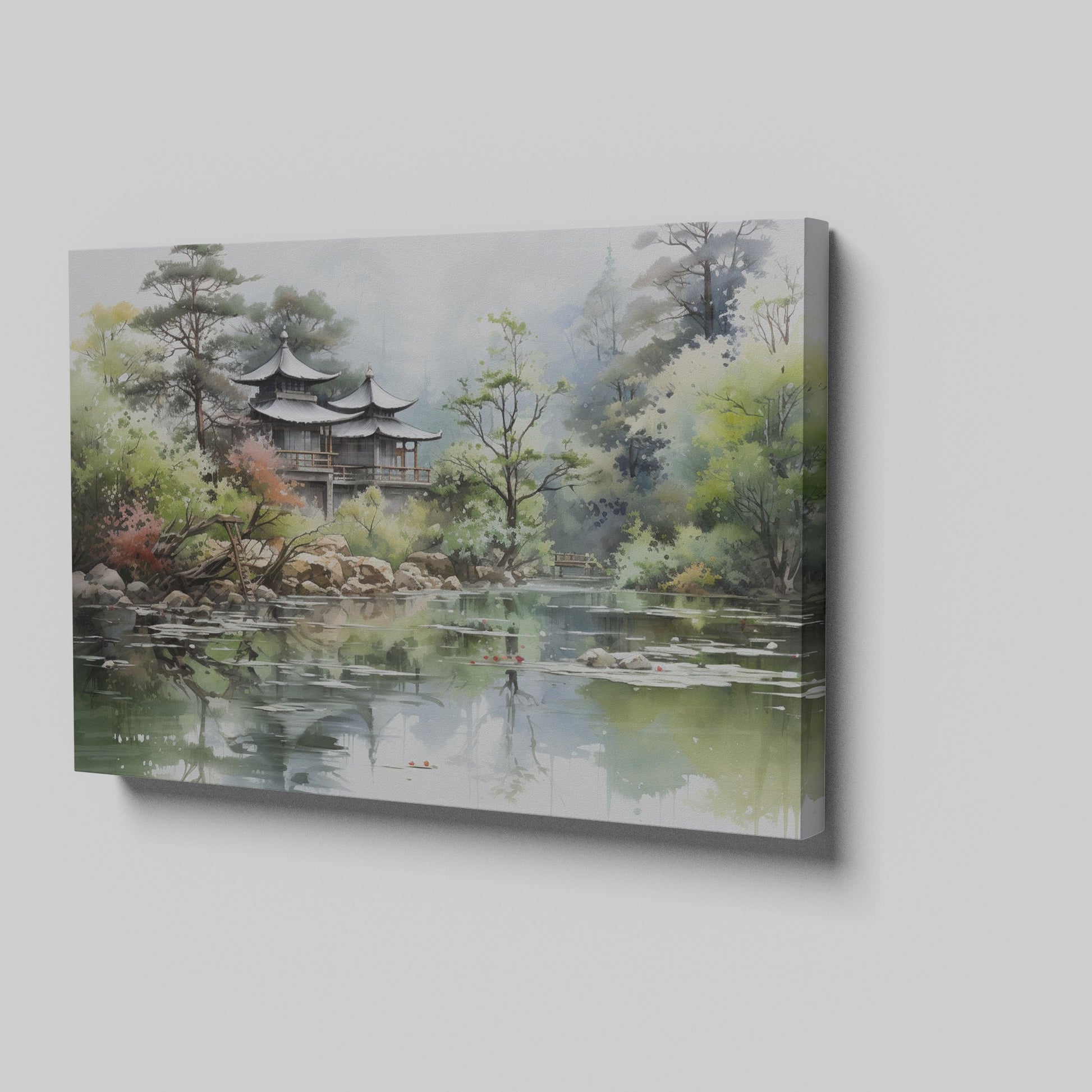 Framed canvas print of an Asian landscape with traditional pagoda and serene lake