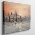 Framed canvas print of a snowy Victorian village at sunset with people ice skating