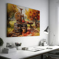 Framed canvas print of an autumn cider press scene with vibrant foliage and vintage farm elements