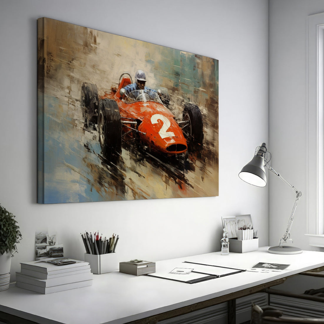 Framed canvas print of a vintage racing car in impressionistic style