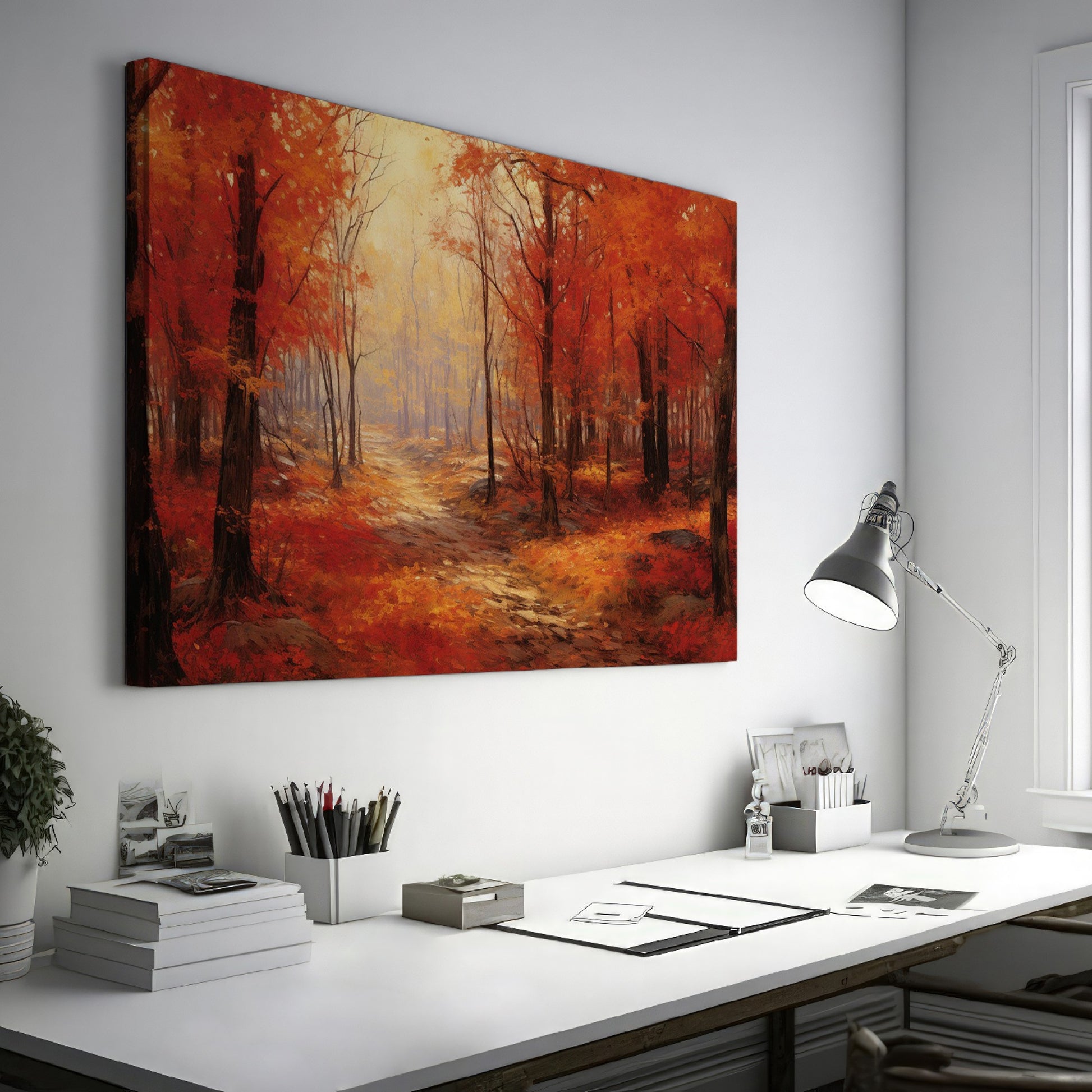 Framed canvas print of an impressionist autumn forest with vibrant red and orange leaves and a misty pathway