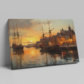 Framed canvas print of a sunset over a historic harbour with vintage ships