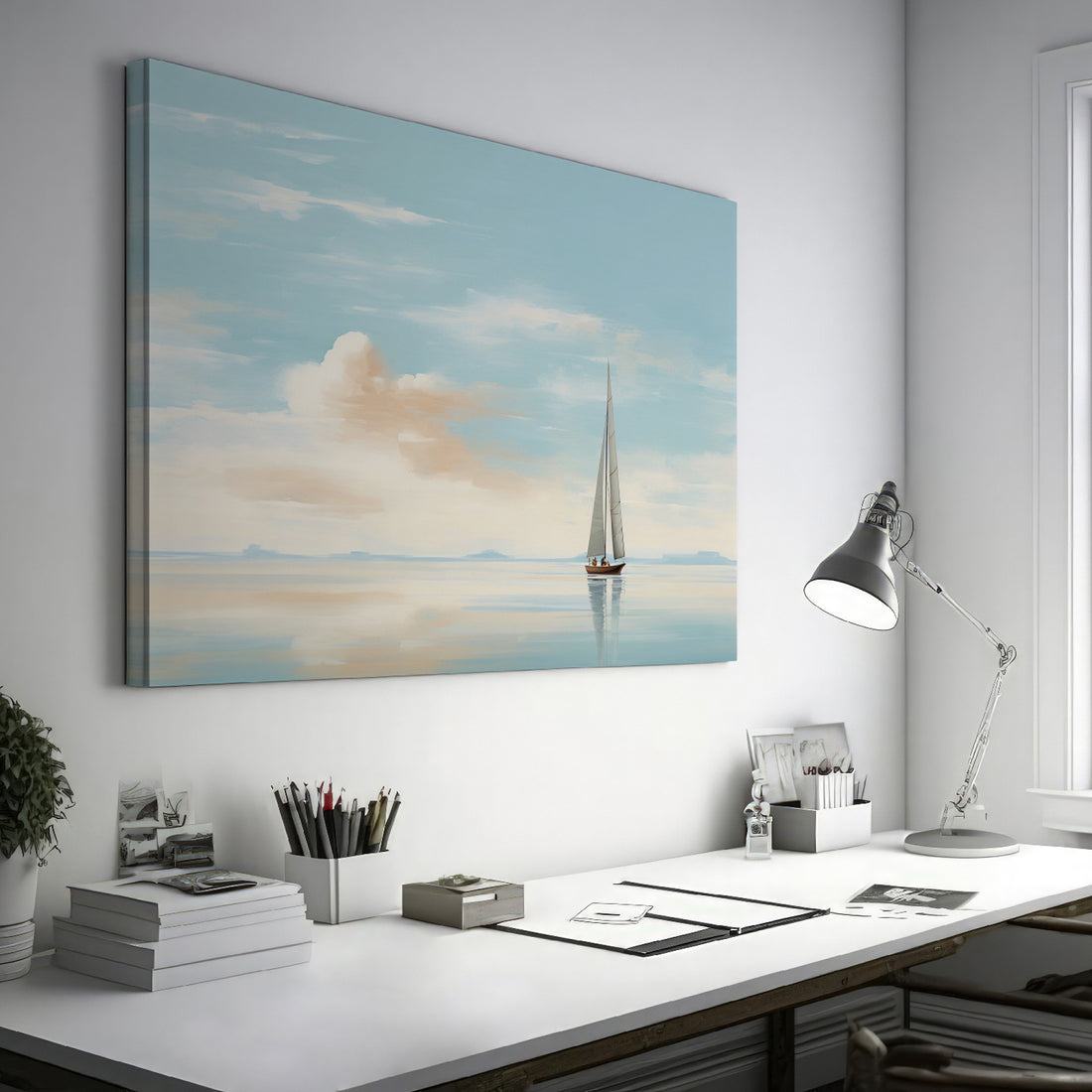 Framed canvas print of a sailboat on calm blue waters with beige clouds in the sky reflecting on the sea