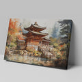 Framed canvas print of a Japanese temple amid autumn scenery with vibrant red and orange leaves