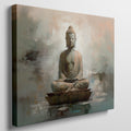 Framed canvas print of a serene Buddha on a lotus throne with an abstract background