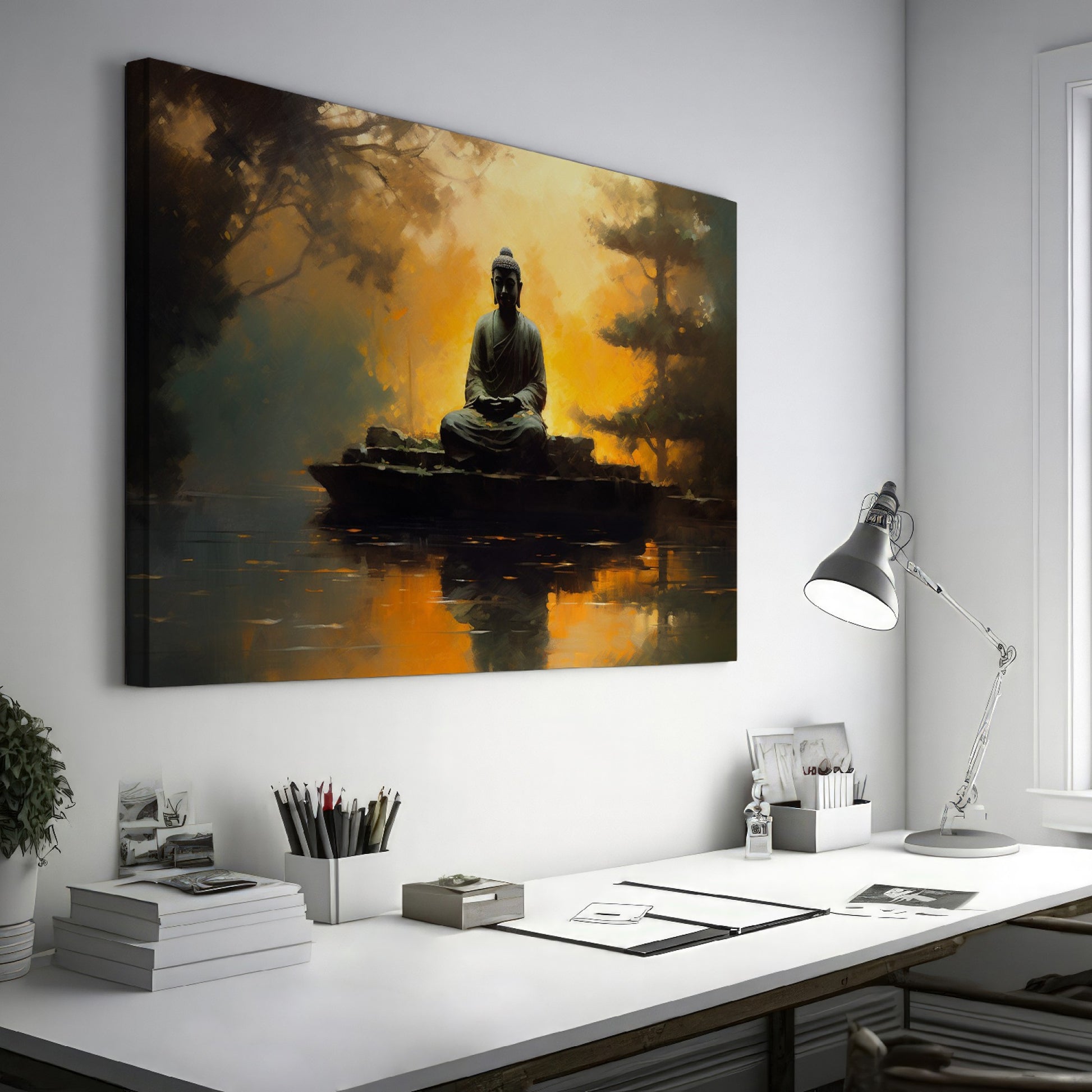 Framed canvas print of Buddha silhouette before an orange sunset with tree reflections on water