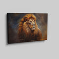 Framed canvas print of a majestic lion portrait, with detailed mane and warm earthy colours