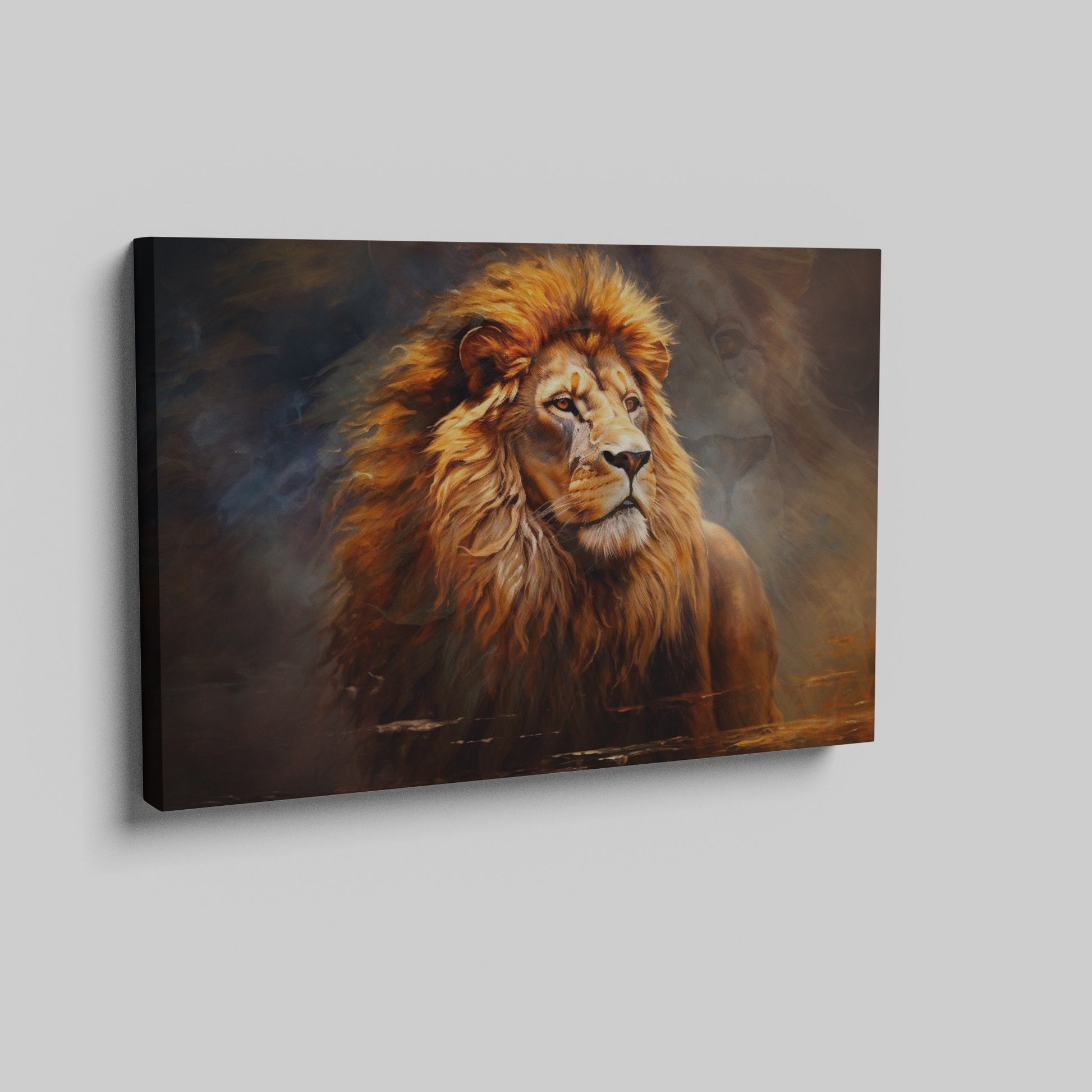 Framed canvas print of a majestic lion portrait, with detailed mane and warm earthy colours