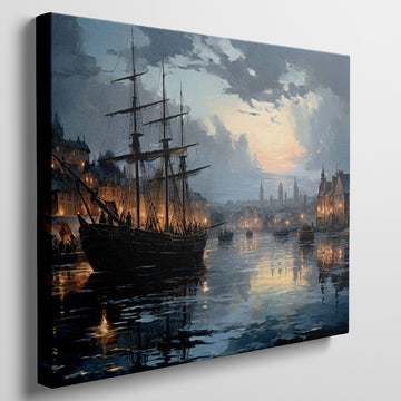 Framed canvas print of historical harbour at sunset with ships and city lights