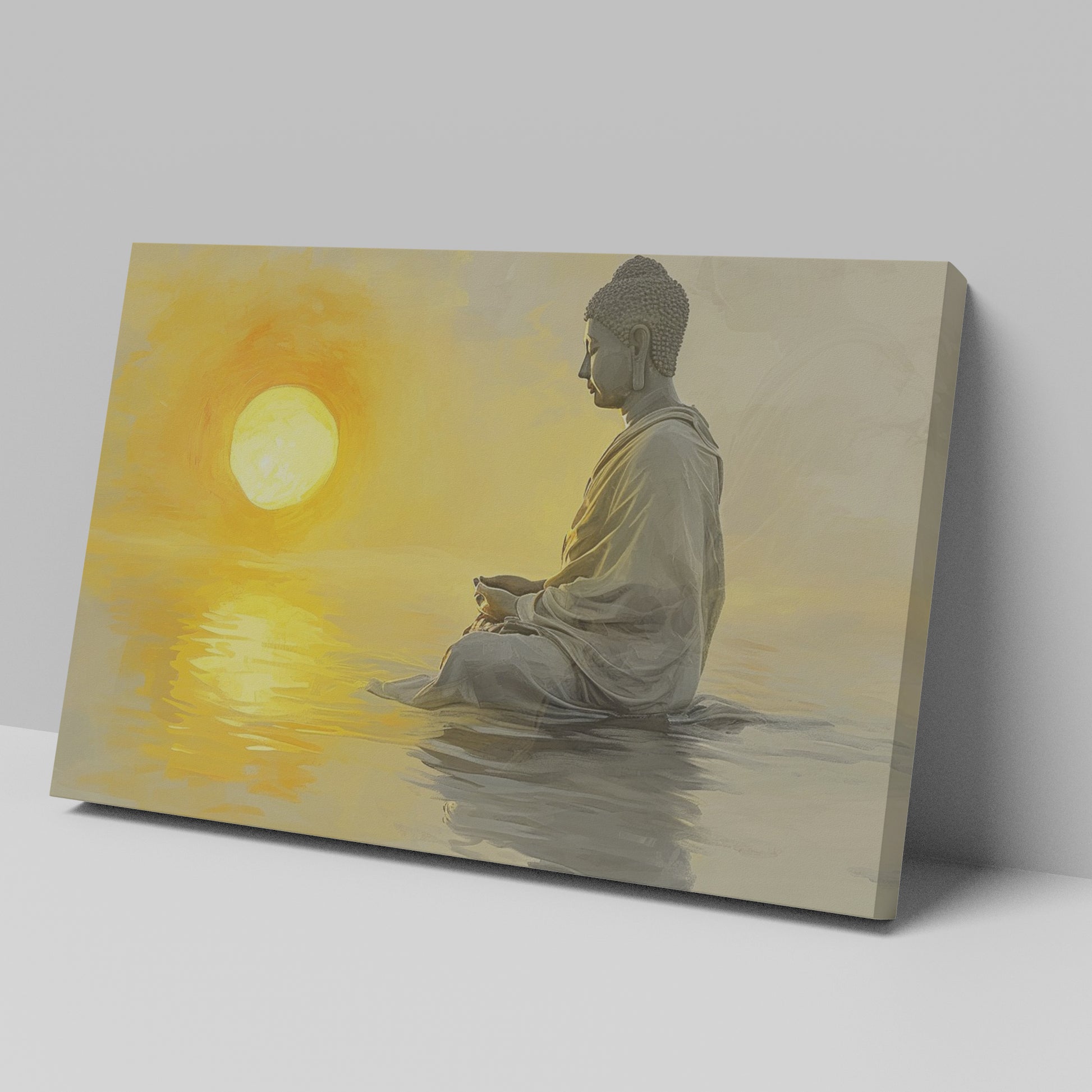 Framed canvas print of a meditative figure with the sun setting over water, reflecting golden tones