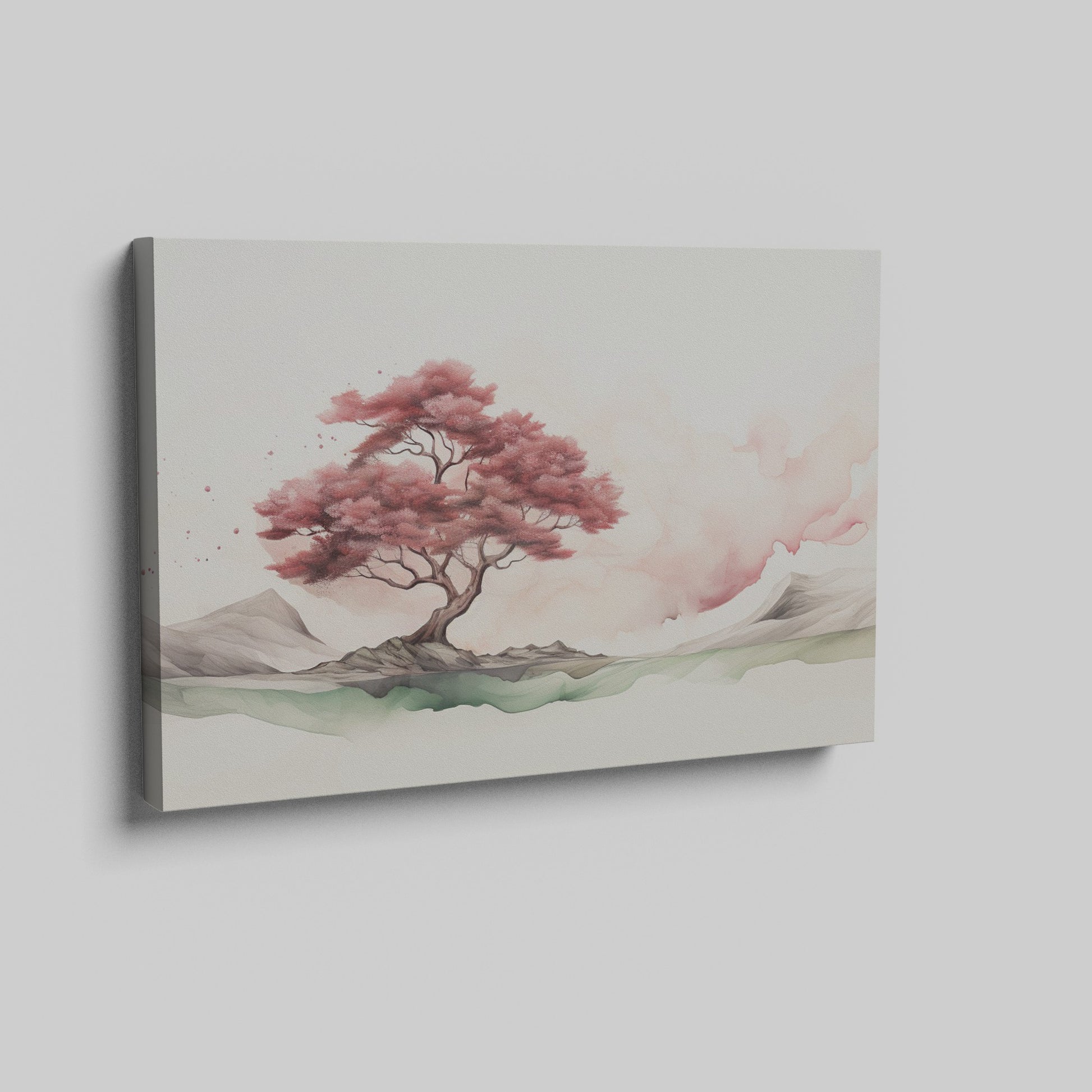 Framed canvas print of a serene ink wash painting featuring a cherry blossom tree and misty landscape