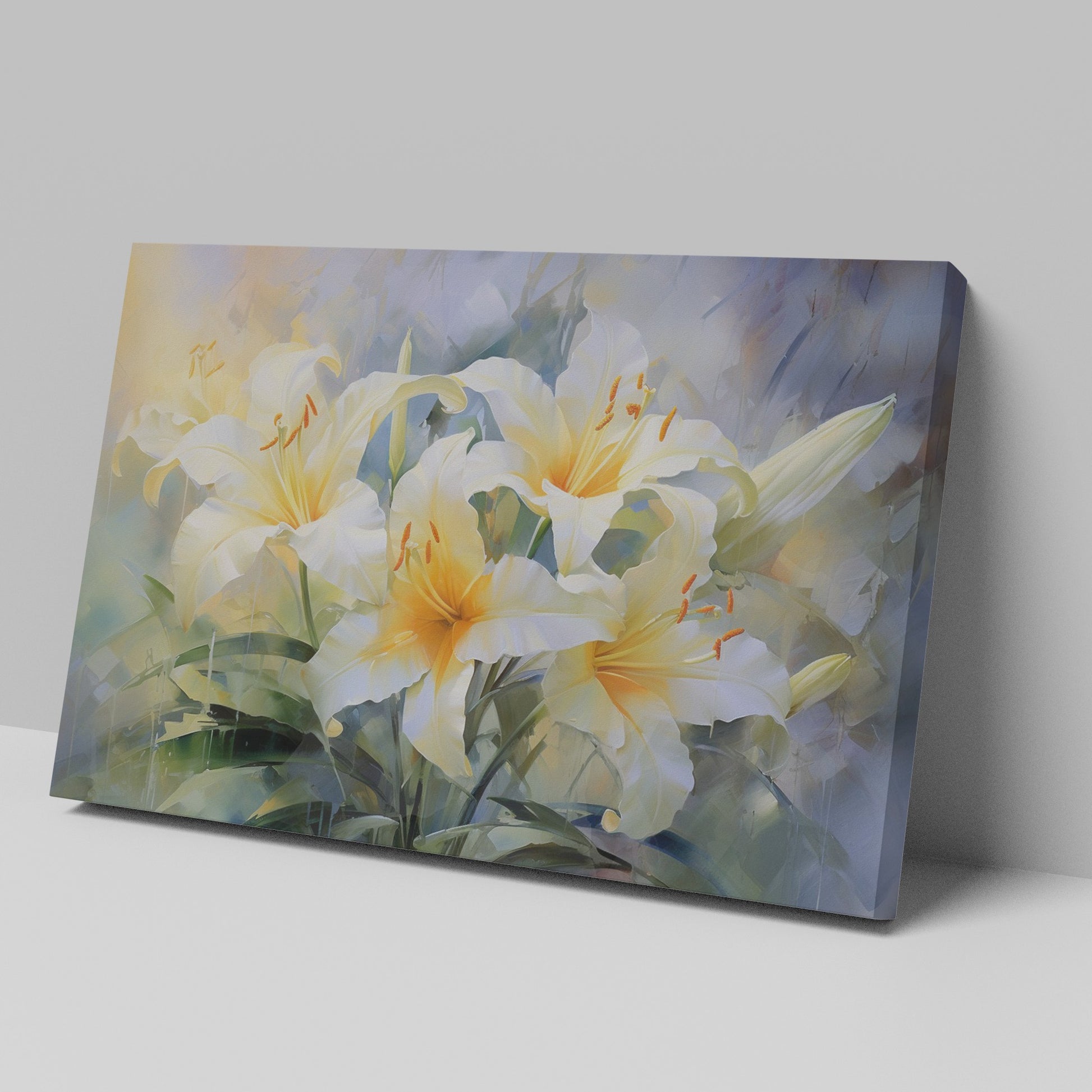 Framed canvas print of impressionist style lilies in vibrant cream and yellow hues