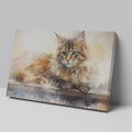 Framed canvas print of a long-haired cat with a watercolor effect in warm tones