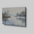 Framed canvas print of a misty river landscape with water reflections in cool tones