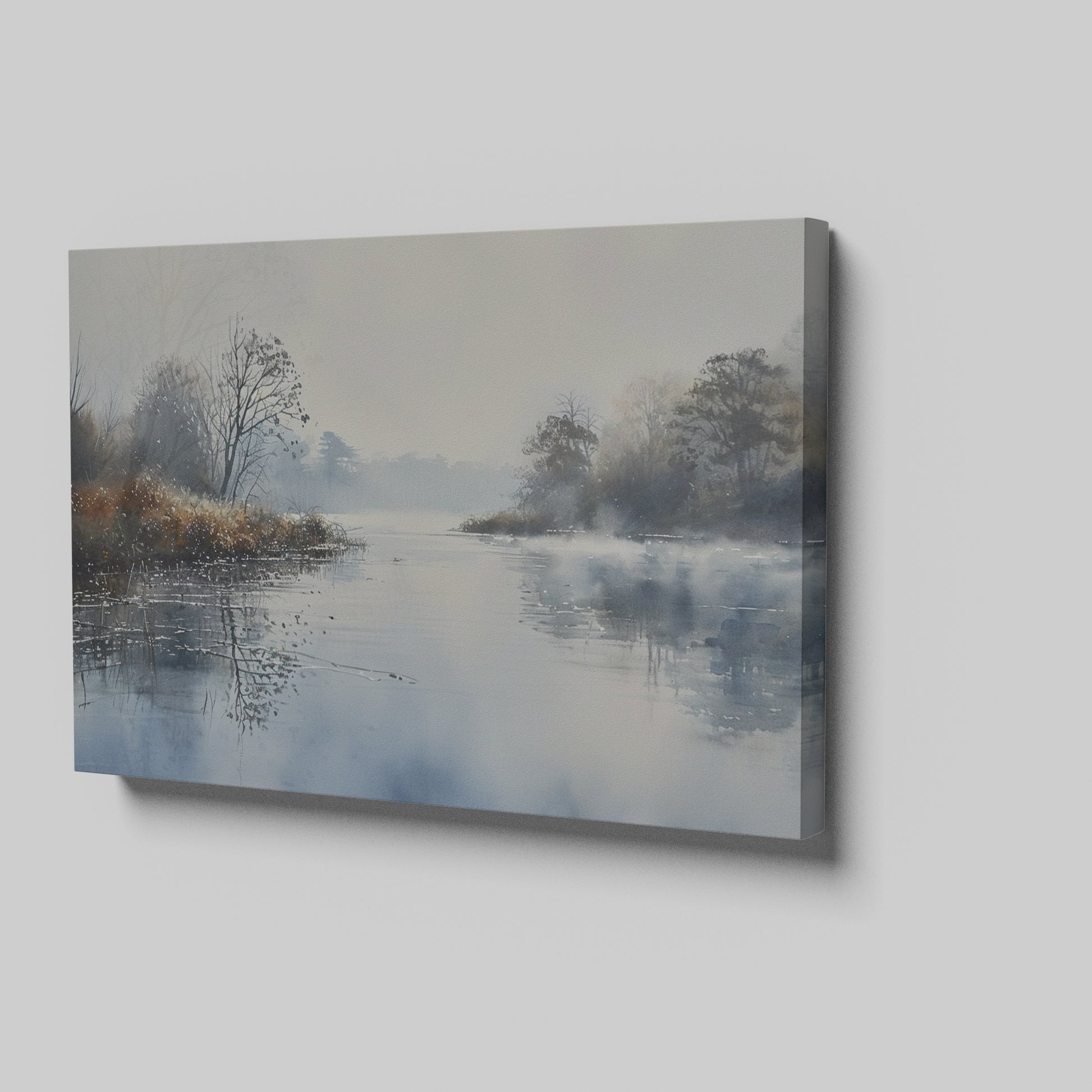 Framed canvas print of a misty river landscape with water reflections in cool tones