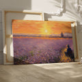 Framed canvas print of an impressionist lavender field with a person at sunset displaying warm sunset colours