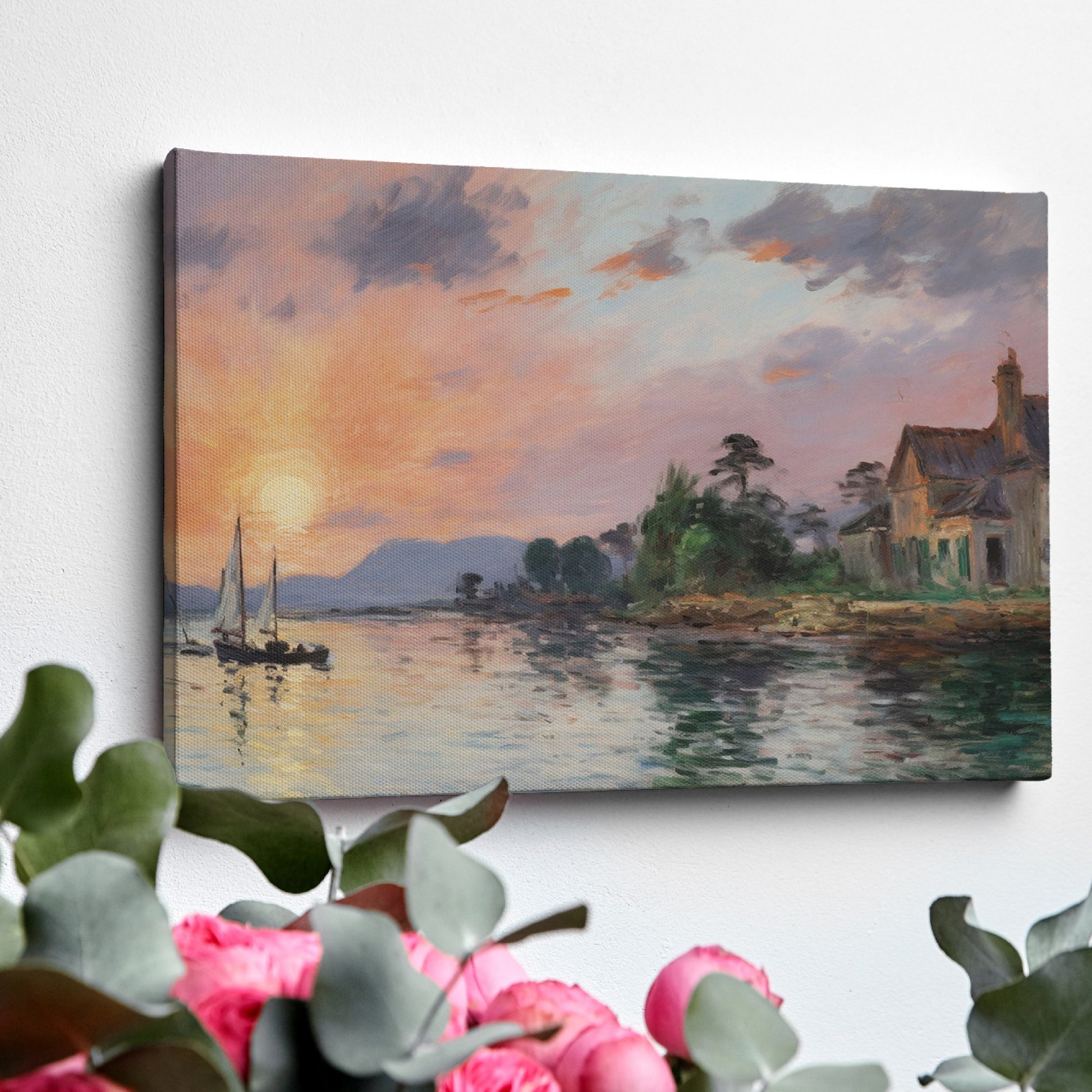 Framed canvas print of an impressionist seascape with sunset and sailing boat