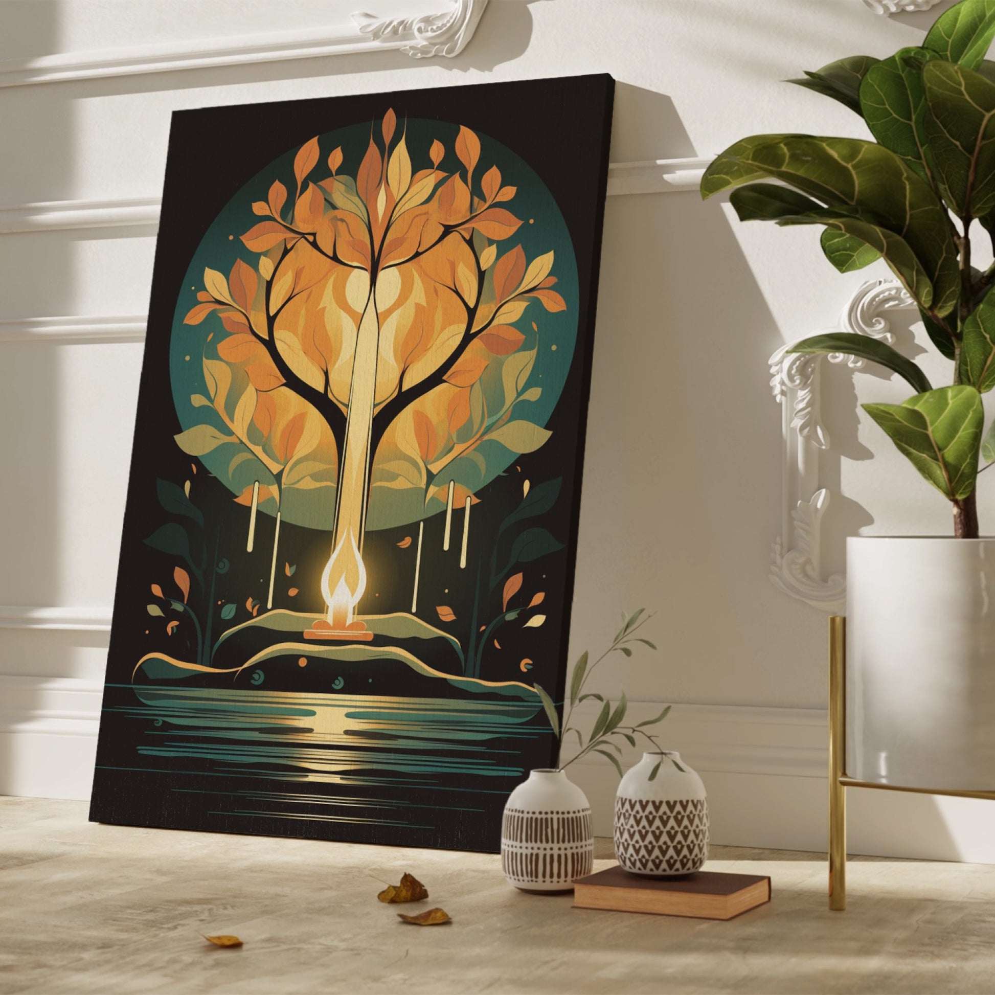 Stylized candle with a tree formation surrounded by autumn leaves against a dark background