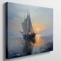 Framed canvas print of an impressionist painting depicting a sailing ship at sunset with warm hues and a serene seascape