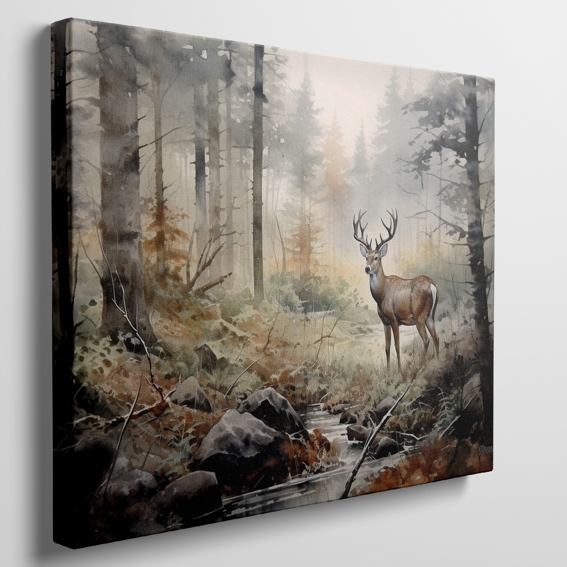 Framed canvas print of a majestic stag in a misty woodland with autumn colours