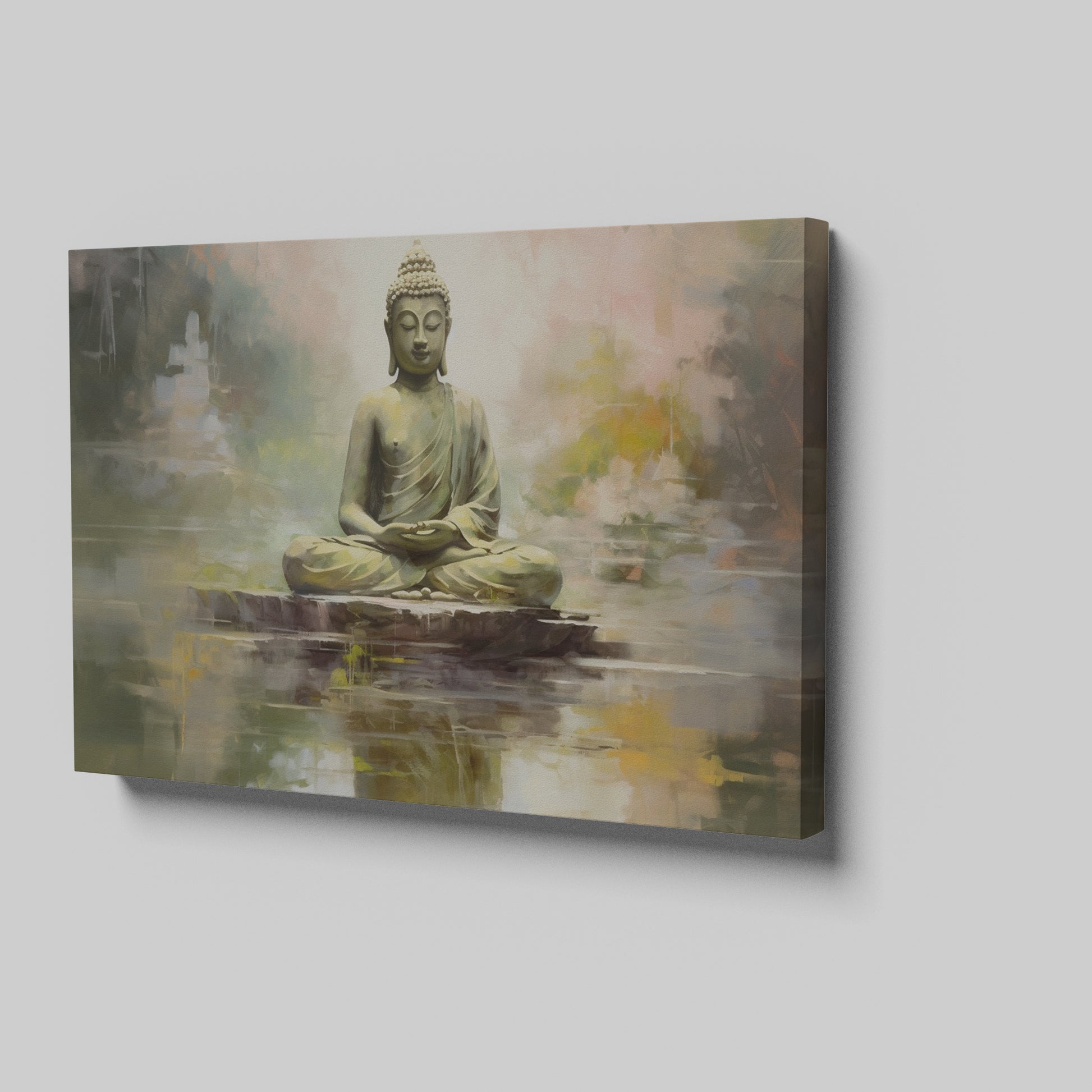 Framed canvas print of a serene Buddha sitting in meditation with a reflective water effect