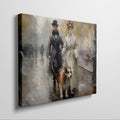 Framed canvas print of a Victorian couple and their dog walking on a rainy Paris street