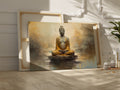 Framed canvas print of a serene Golden Buddha statue with abstract background