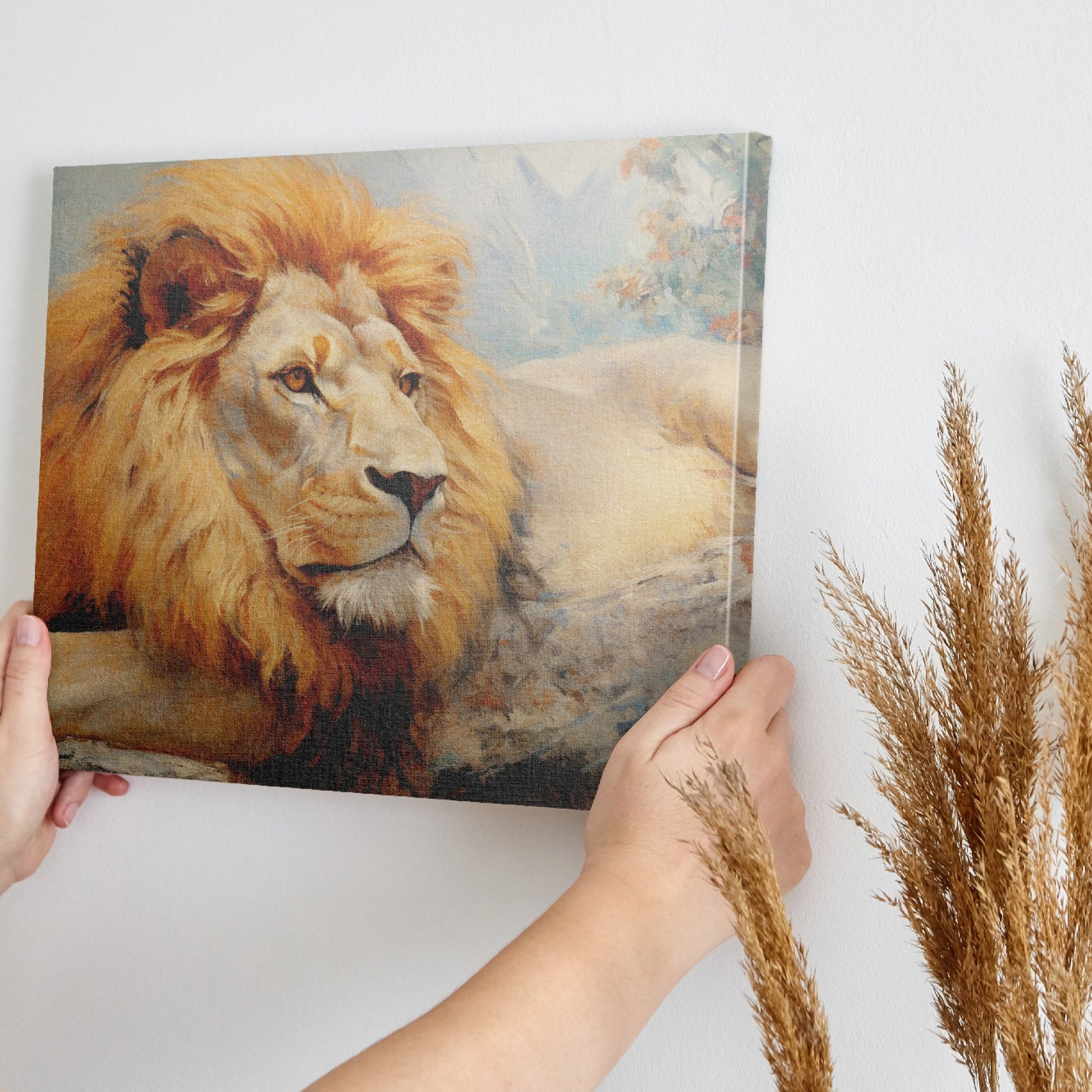 Framed canvas print of a realistic African lion resting, with warm colour tones and detailed texture