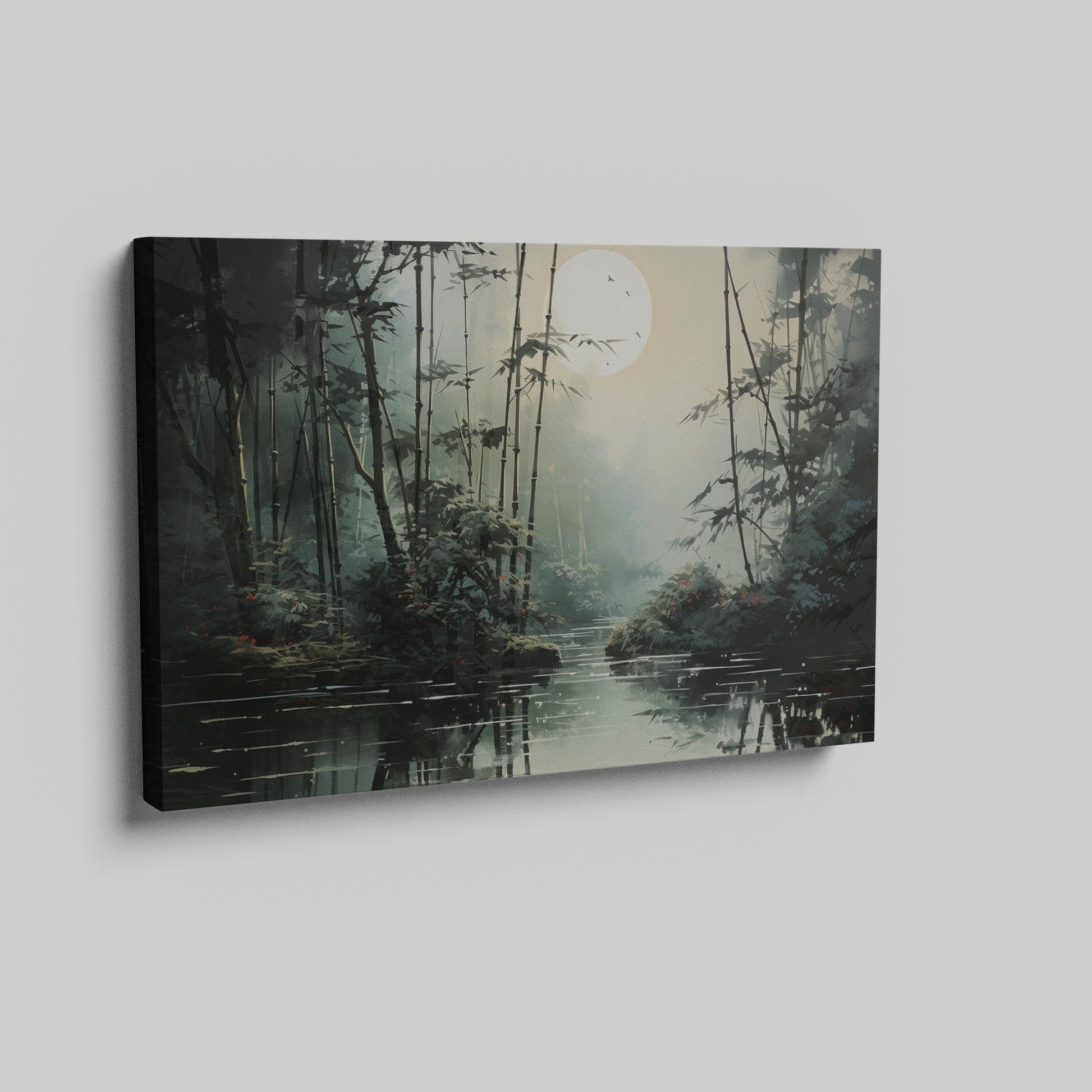 Framed canvas print of a serene bamboo forest under moonlight with water reflections and a misty ambiance