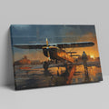 Framed canvas print of a vintage biplane on wet airfield at sunset with pilot walking