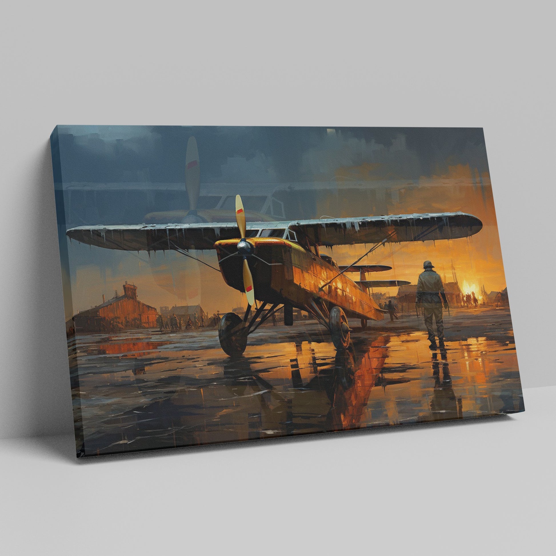 Framed canvas print of a vintage biplane on wet airfield at sunset with pilot walking