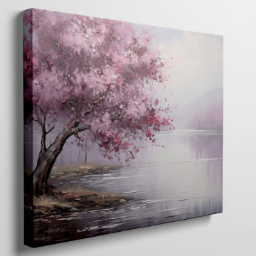 Framed canvas print of an impressionistic cherry blossom tree by a tranquil lake with soft pastel colors