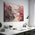 Framed canvas print of Oriental landscape with cherry blossoms and misty mountains