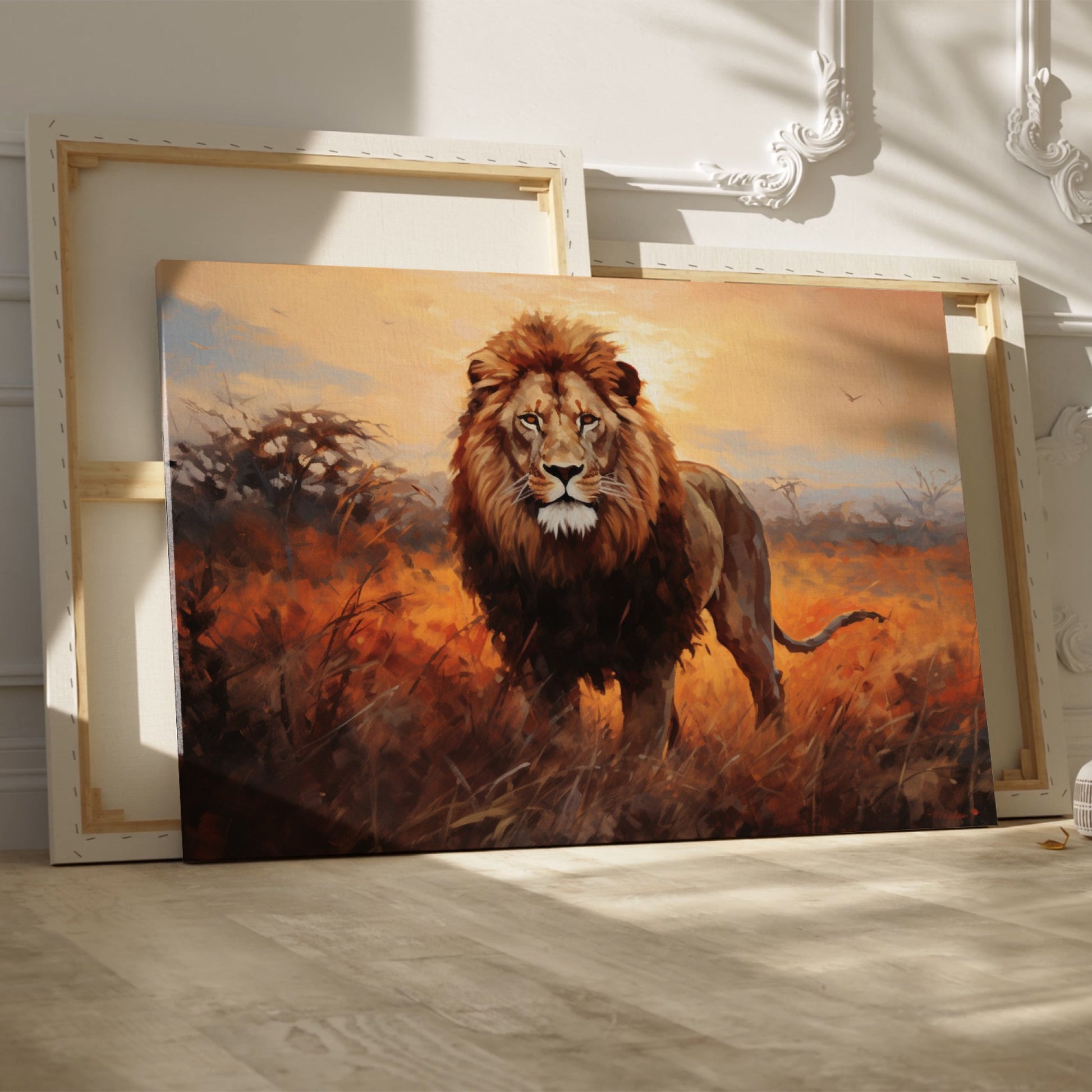 Framed canvas print of a majestic lion against a sunset on the savannah