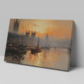 Framed canvas print of a sunset over the River Thames with London skyline and boats in impressionist style