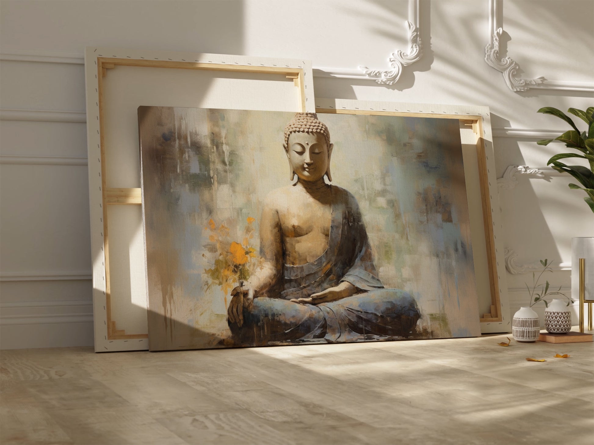 Framed canvas print of a serene meditative Buddha with abstract elements and earthy tones