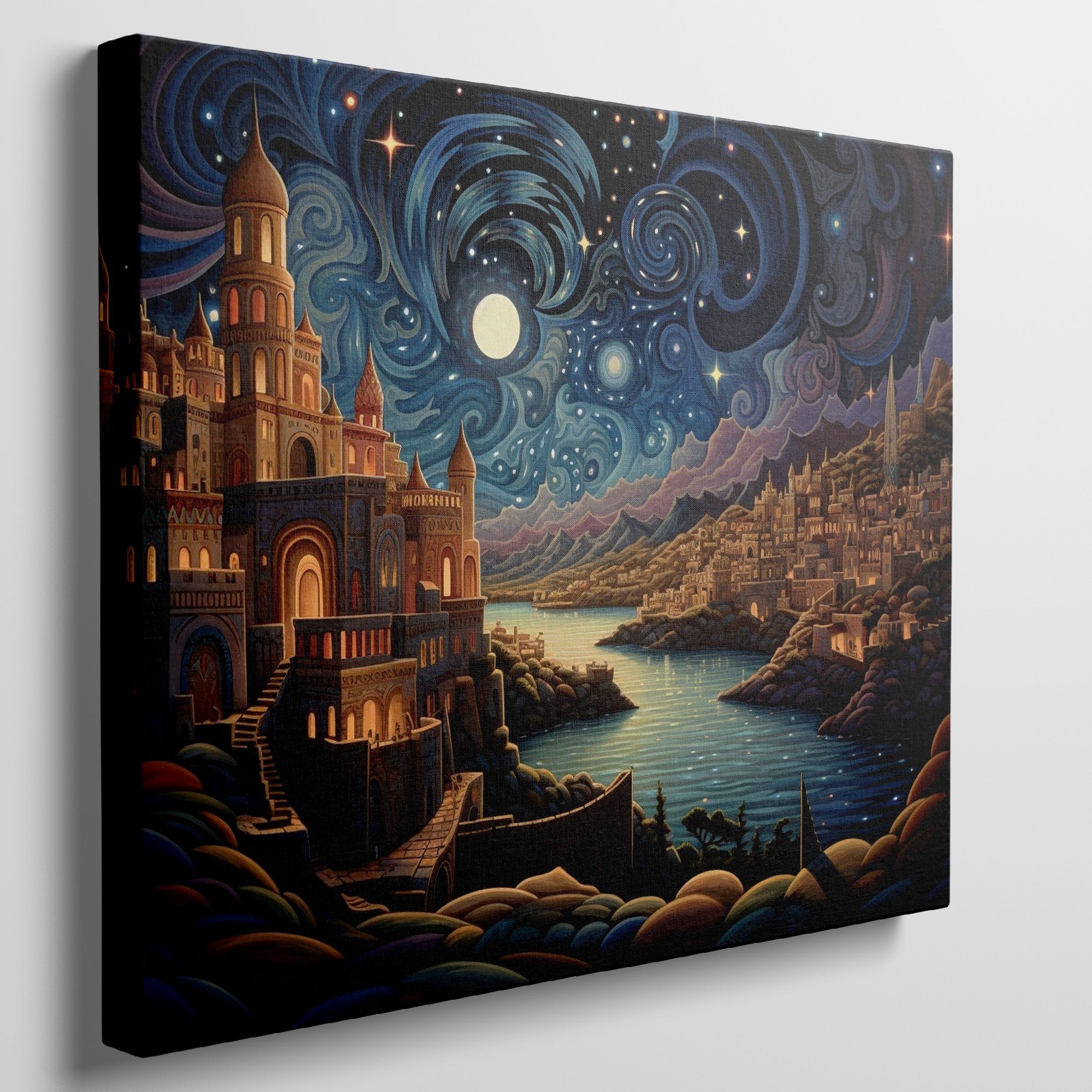 Framed canvas print of a moonlit fantasy cityscape with vibrant colours and a starry night sky