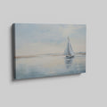 A serene painting of a sailboat on calm blue waters under a vast sky, reflecting a peaceful coastal scene.