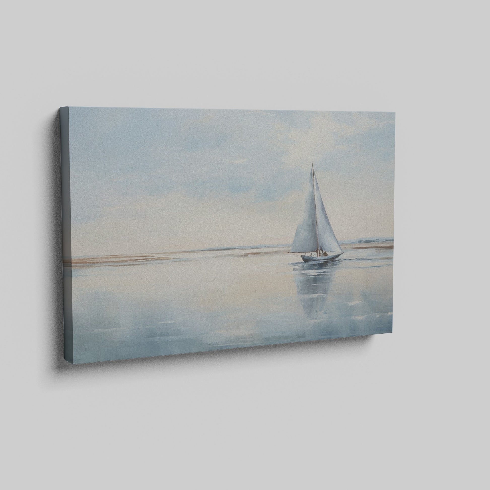 A serene painting of a sailboat on calm blue waters under a vast sky, reflecting a peaceful coastal scene.