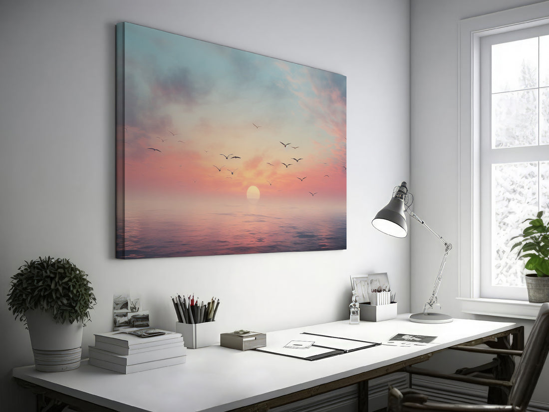 Framed canvas print of a tranquil seascape at sunset with birds and pastel skies